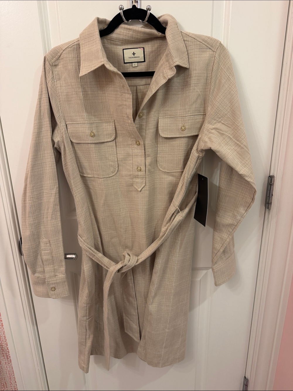 NWT Tuckernuck tan beige plaid long sleeve dress large